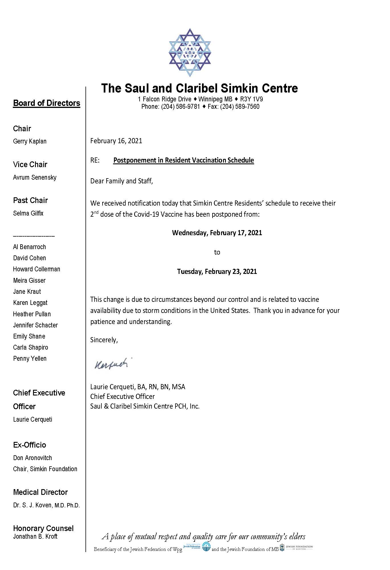 The Saul Claribel Simkin Centre Postponement In Resident